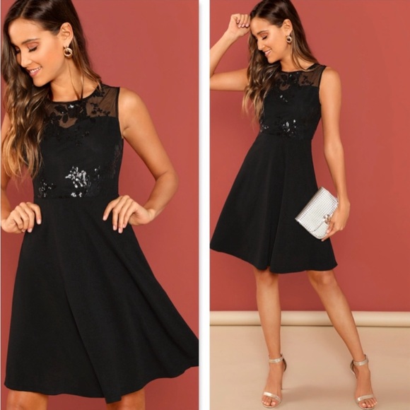 NWT Rouge! Mesh Sparkly Sequin Fit & Flare Dress in Black, Sz. S - Picture 1 of 10